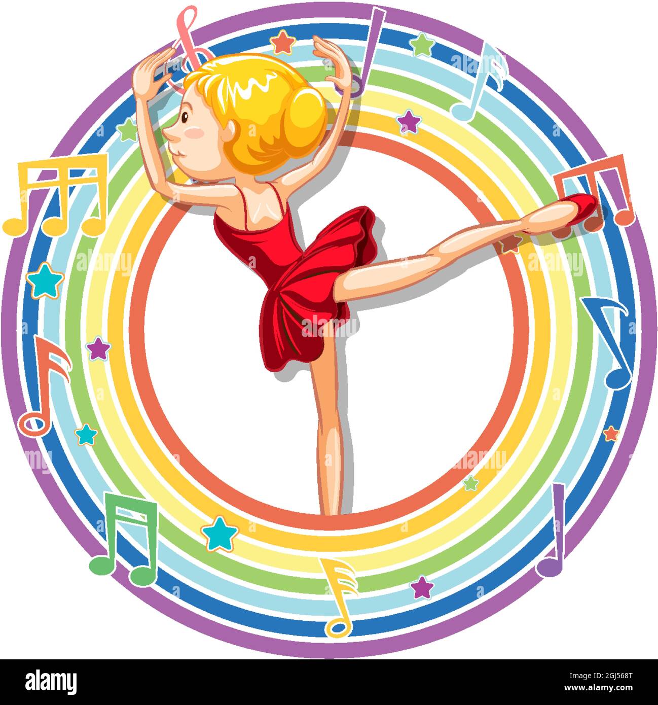 Ballerina in rainbow round frame with melody symbols illustration Stock ...