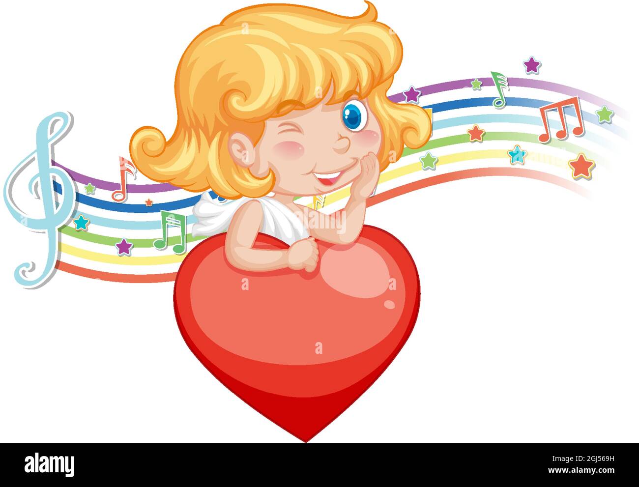 Cupid angel character with melody symbols on rainbow illustration Stock ...
