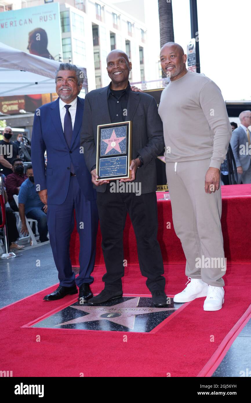 Hollywood, United States. 08th Sep, 2021. Radio personality Kurt Alexander  aka Big Boy (center) poses with George Lopez (left) and Dr. Dre aka Andre  Young at a ceremony honoring Alexander with a