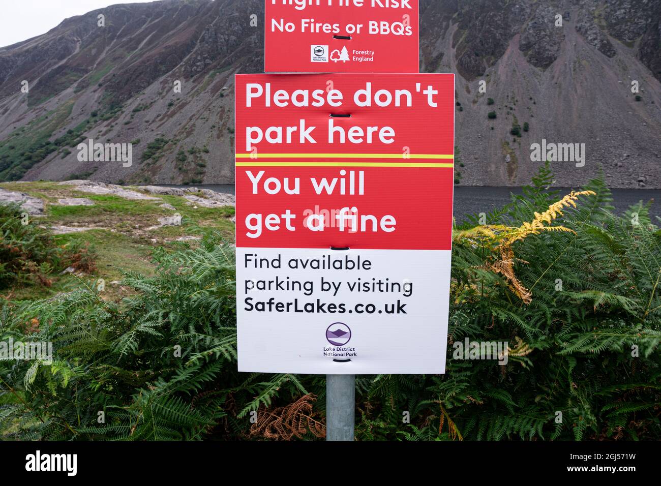 Warning signs about parking in Wasdale, Lake District, Cumbria, UK Stock Photo