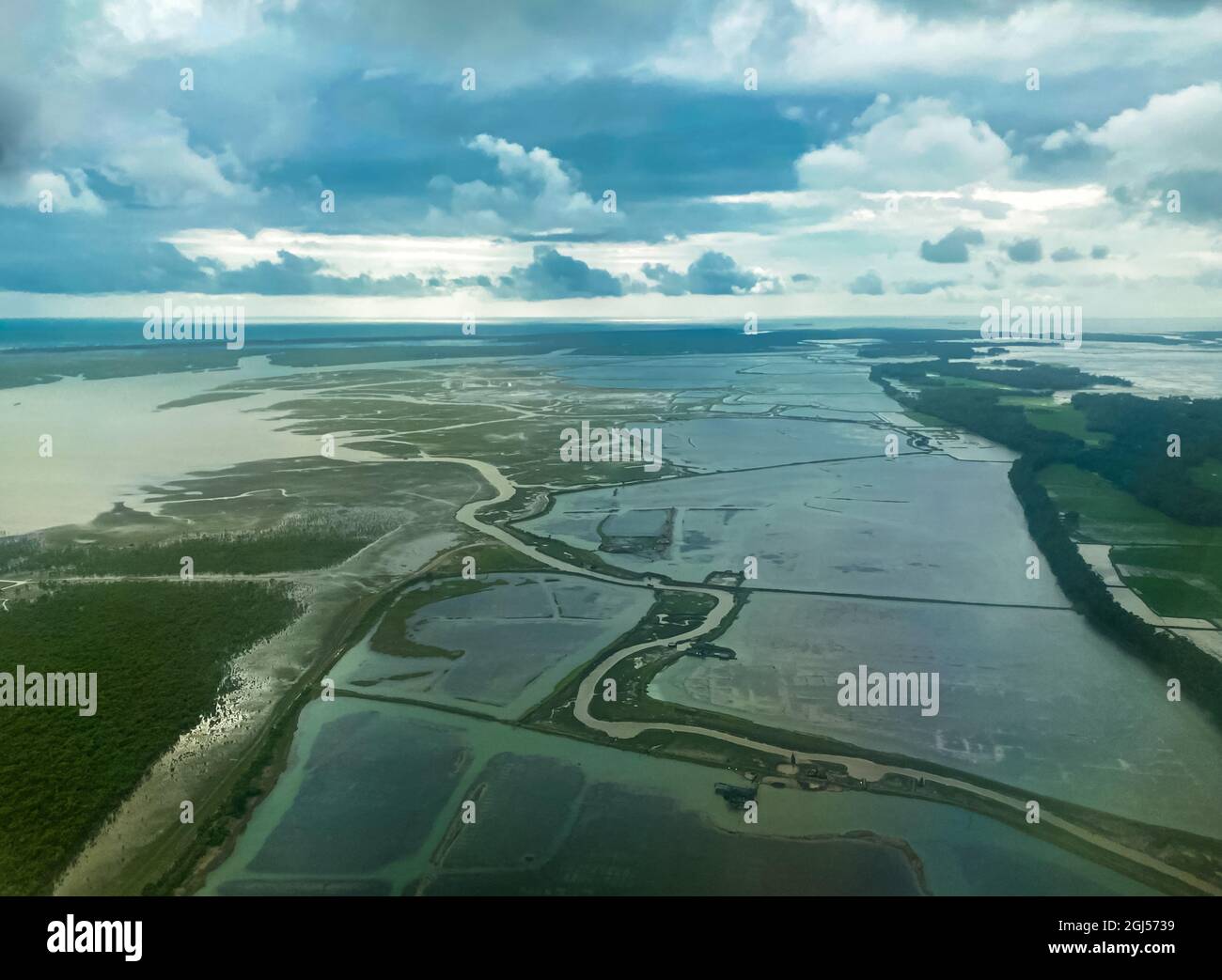 aerial view of green land and water in Cox's bazar , Bangladesh  . Stock Photo