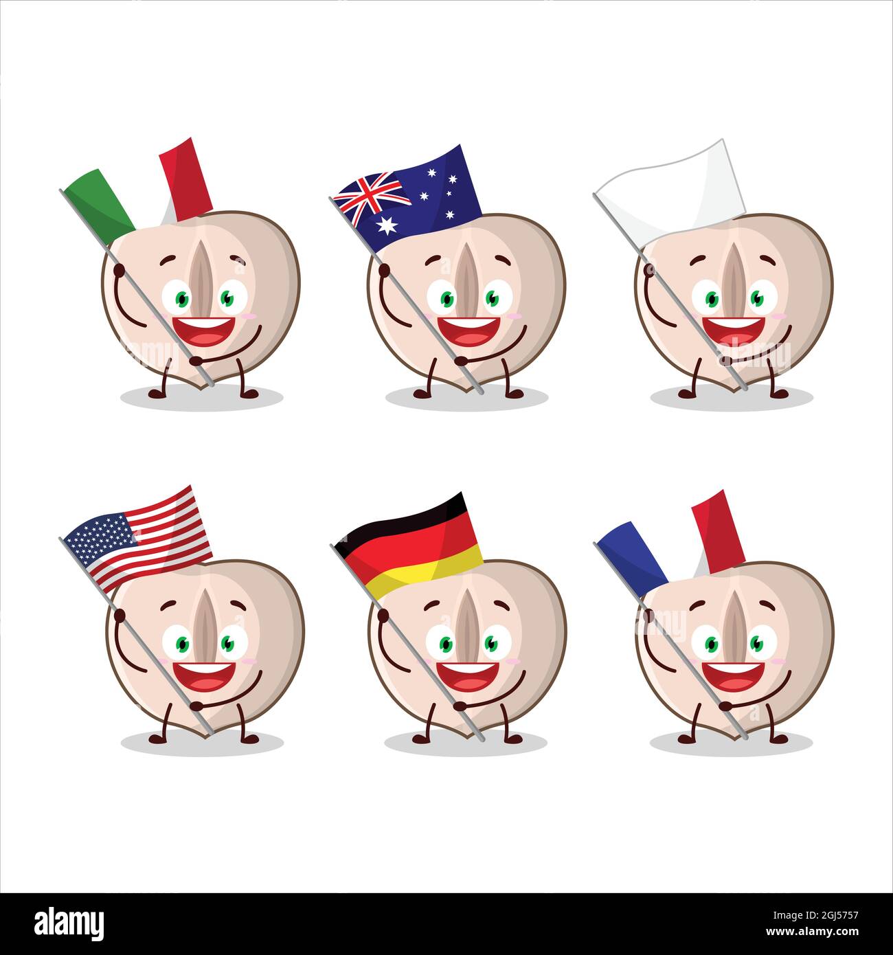 Slice hazelnut cartoon character bring the flags of various countries. Vector illustration Stock Vector