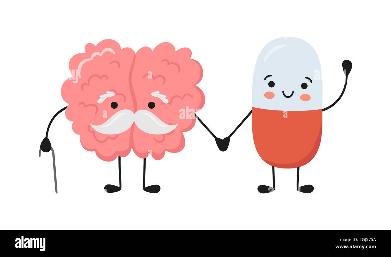 Old brain character and happy smiling medicine pill characters hold hands. Kawaii capsule and cute brain characters. Drug therapy. Vector isolated Stock Vector