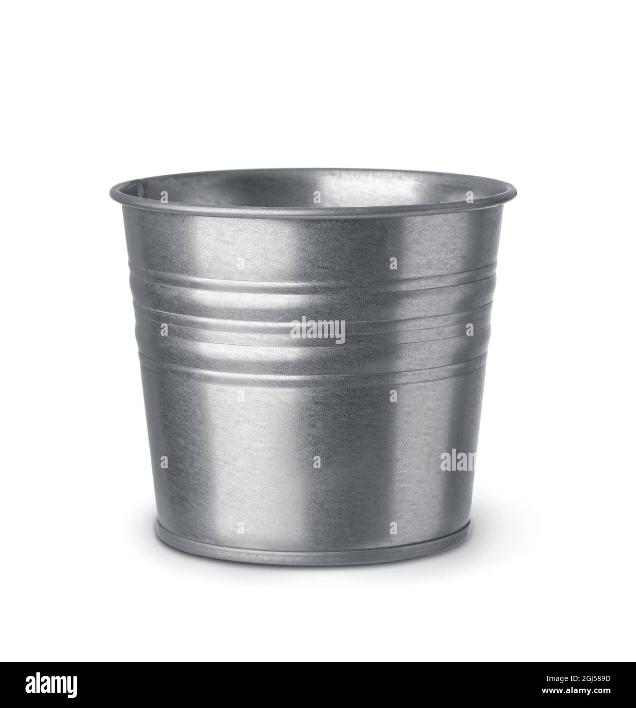 Front view of empty unpainted tin bucket isolated on white Stock Photo