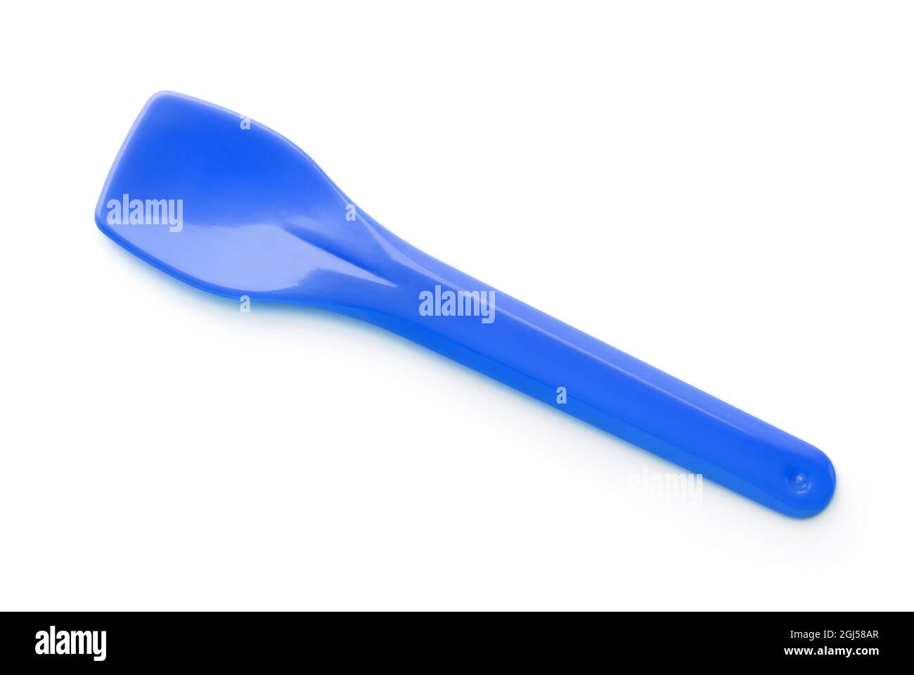 Blue plastic ice cream spoon isolated on white Stock Photo