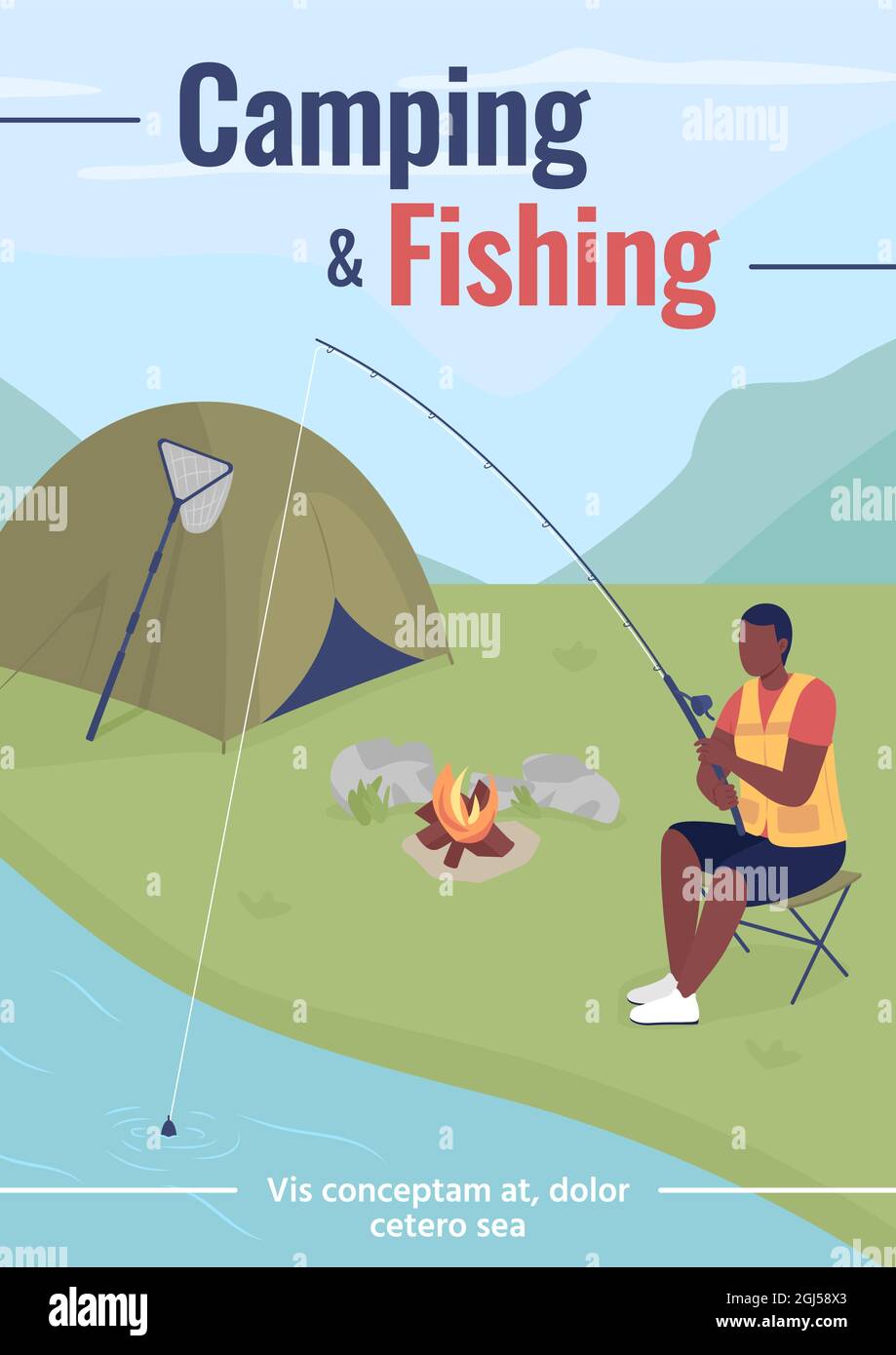 Camping and fishing poster flat vector template Stock Vector Image ...