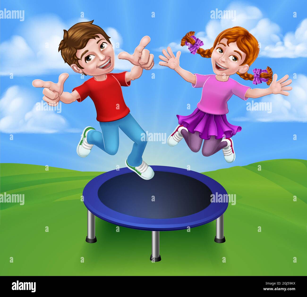 Kids Jumping On A Round Cartoon Trampoline Stock Vector