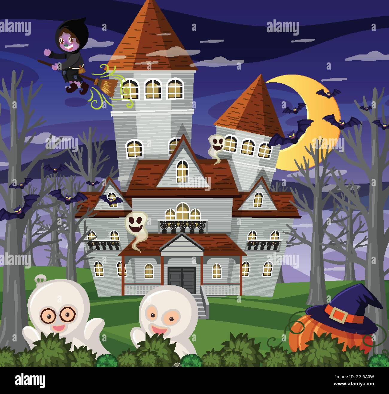 Haunted halloween mansion at night illustration Stock Vector Image ...