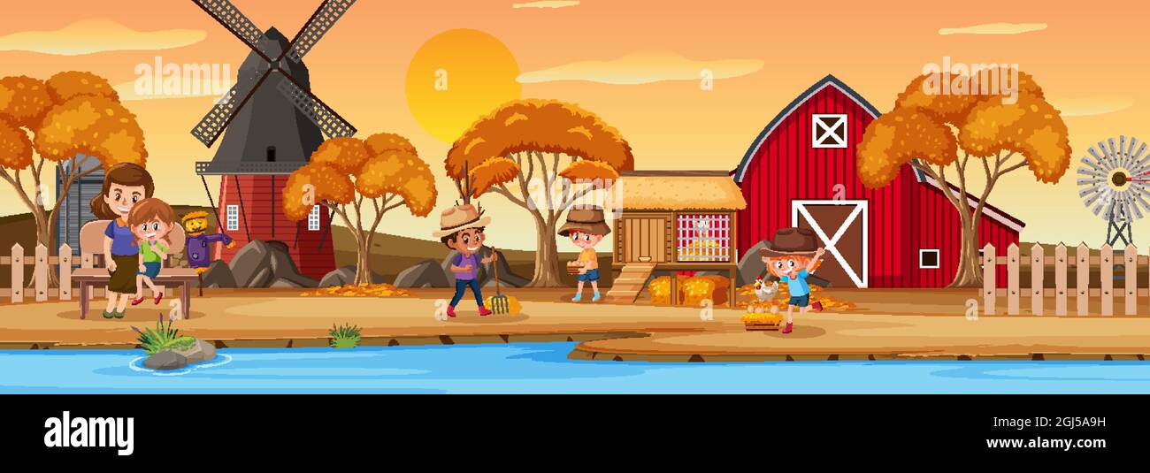 Farm horizontal landscape scene with children cartoon character ...