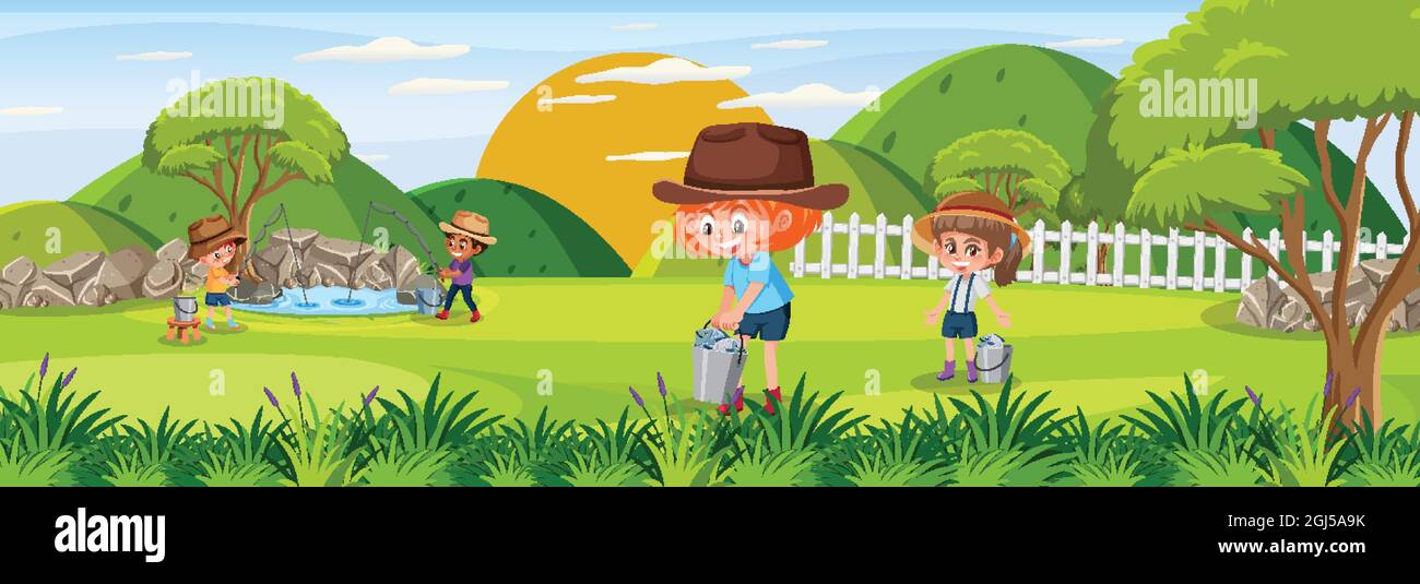 Outdoor horizontal scene with farmer kids at the park illustration ...