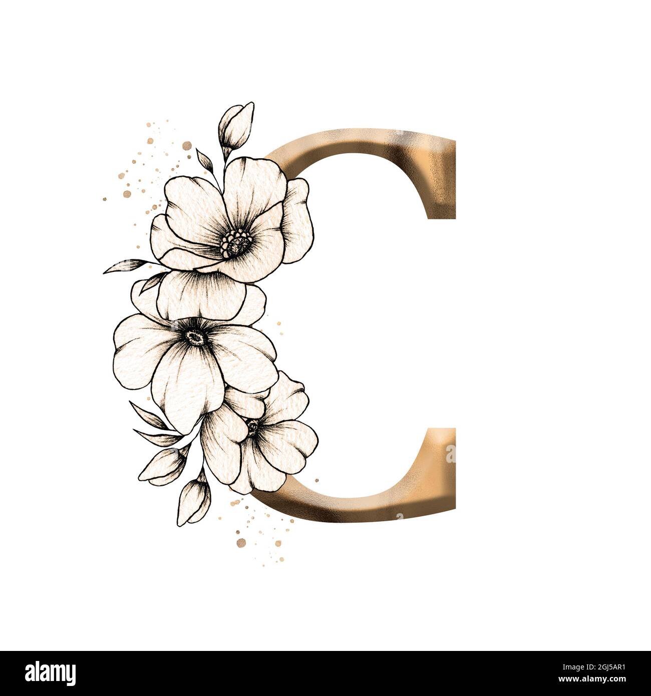 Graphic floral alphabet, gold letter C with vintage flowers bouquet  composition, unique monogram initial perfect for wedding invitations,  greetings Stock Photo - Alamy