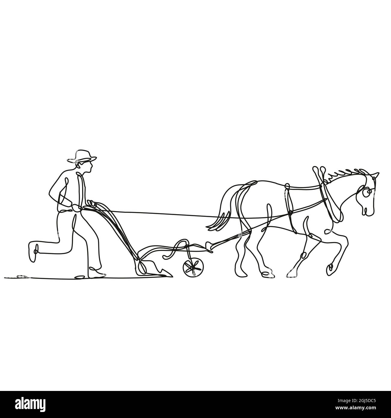 Organic Farmer and Horse Plowing Field Side View  Continuous Line Drawing Stock Photo