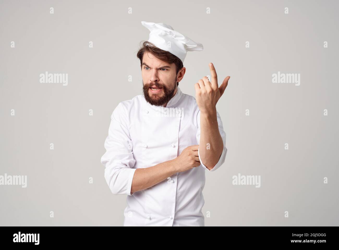male cook Chef uniform Cooking emotions isolated background Stock Photo ...