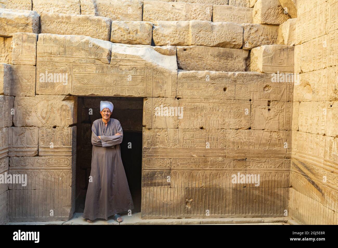 Upper Egypt, West bank of the Nile. Temple of Edfu. Egyptian man in