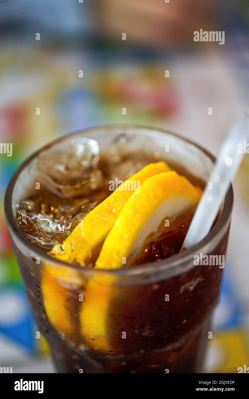 Closeup of a cup of frozen lemon tea in a Hong Kong tea restaurant