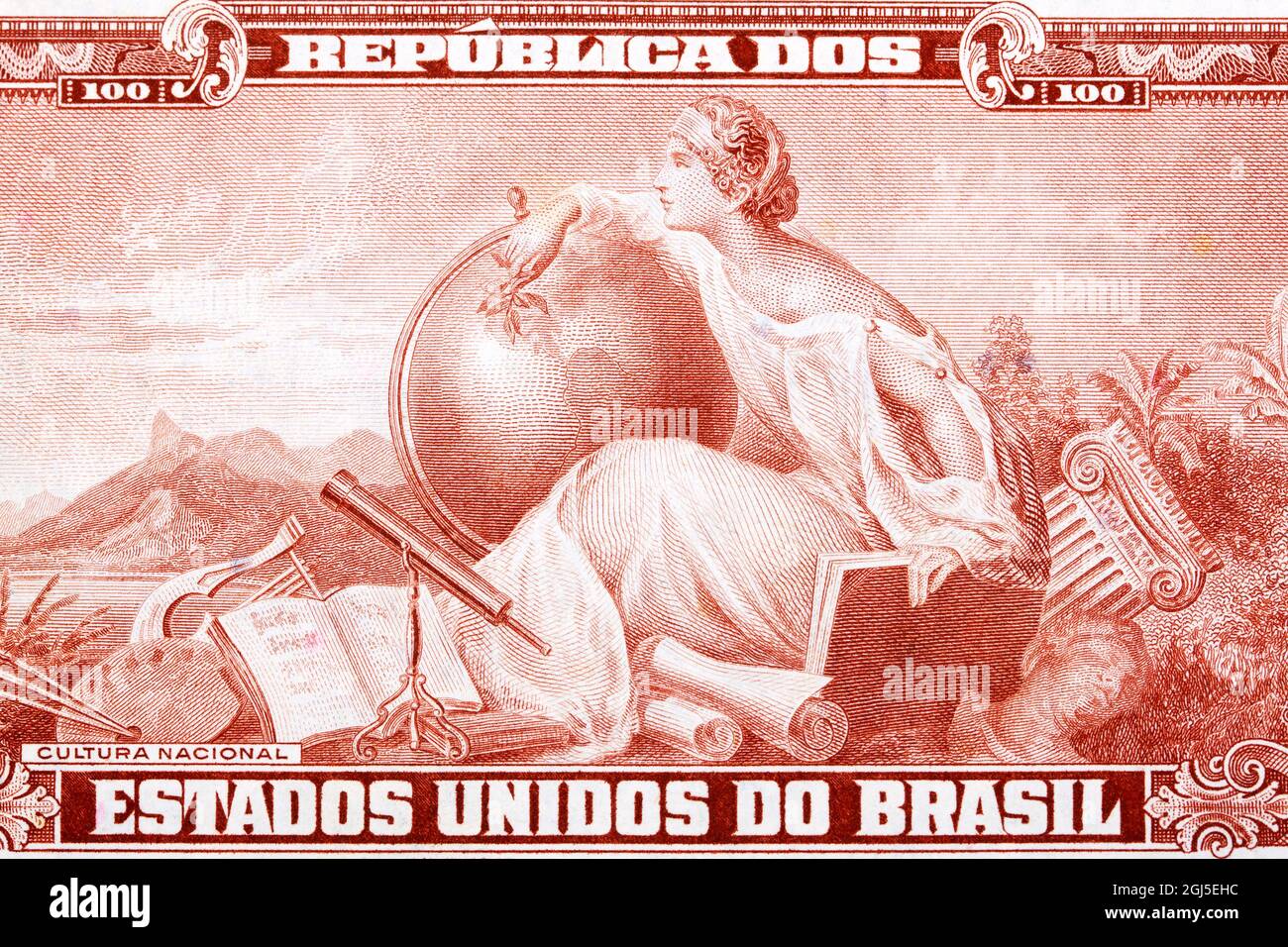 Allegory of National Culture from old Brazilian money Stock Photo