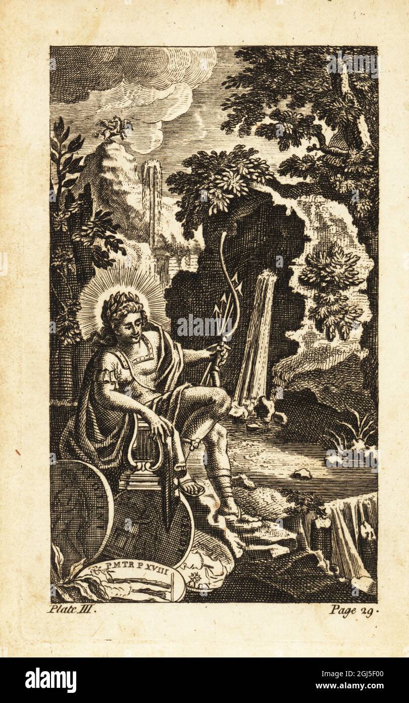 Apollo, Greek and Roman god of archery, music and dance. Shown with laurel crown, harp, bow and arrow. Copperplate engraving  from Andrew Tooke’s The Pantheon, Representing the Fabulous Histories of the Heathen Gods, London, 1757. Stock Photo