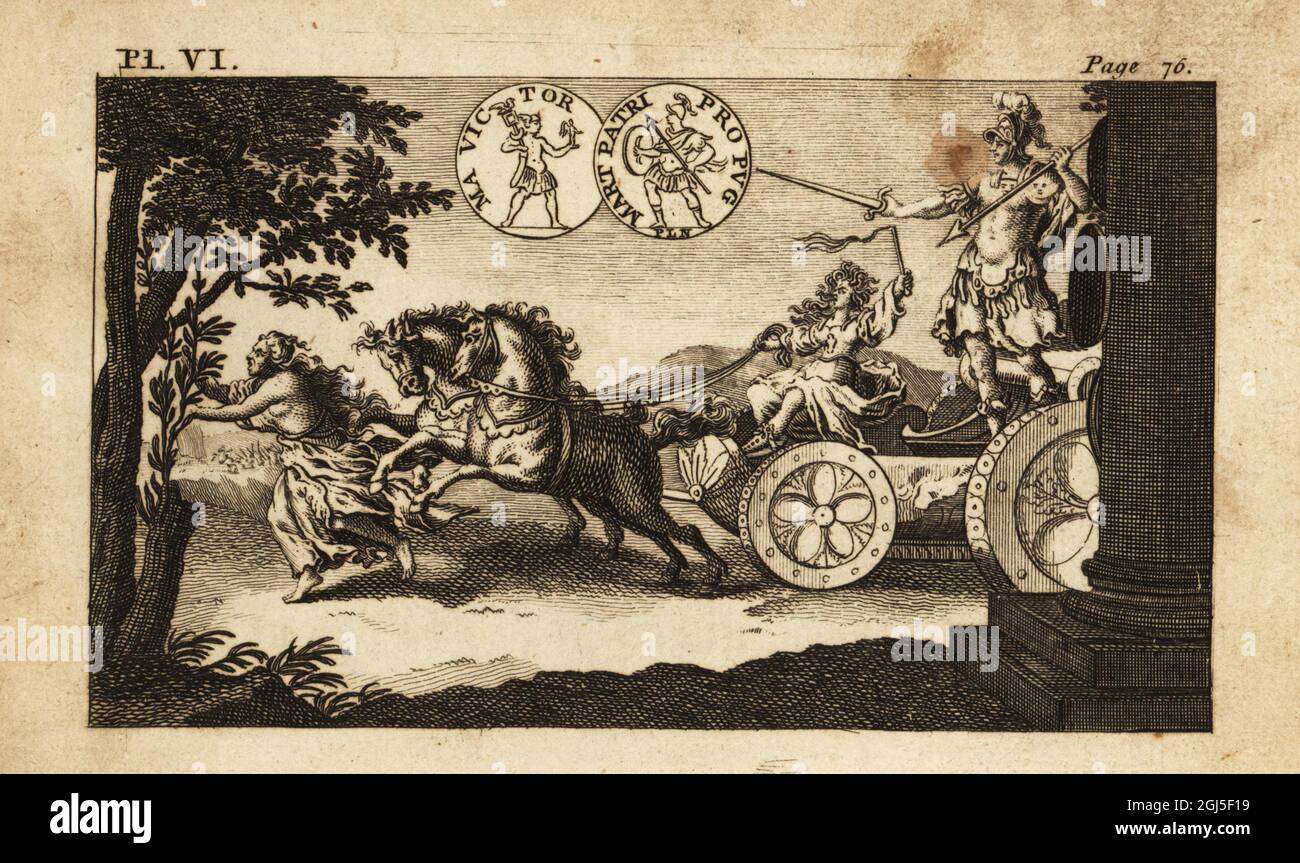 Mars, Roman god of war. In helmet breastplate, holding a sword and spear, he rides a biga chariot drawn by two horses driven by a distracted woman. Copperplate engraving from Andrew Tooke’s The Pantheon, Representing the Fabulous Histories of the Heathen Gods, London, 1757. Stock Photo