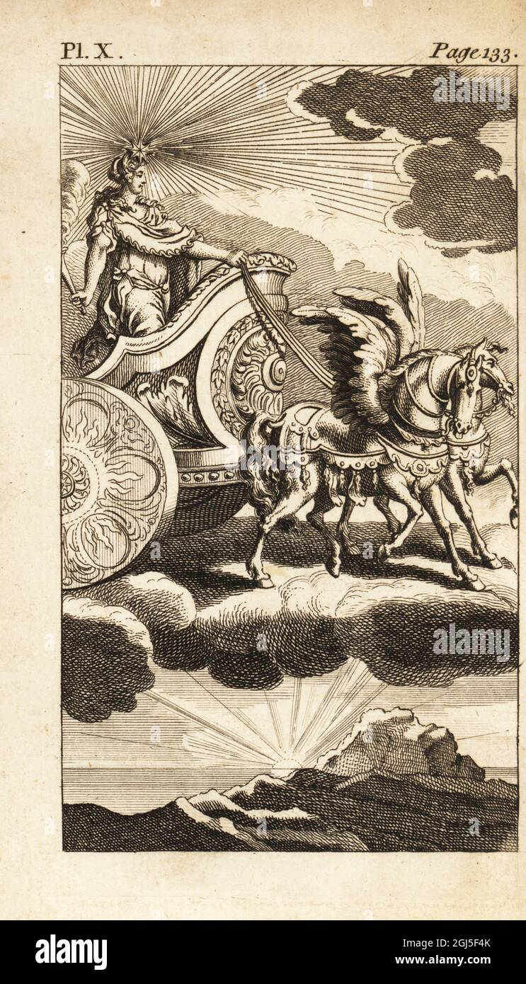 Aurora, Roman goddess of dawn. She rides a biga or chariot drawn by two winged horses. Copperplate engraving from Andrew Tooke’s The Pantheon, Representing the Fabulous Histories of the Heathen Gods, London, 1757. Stock Photo