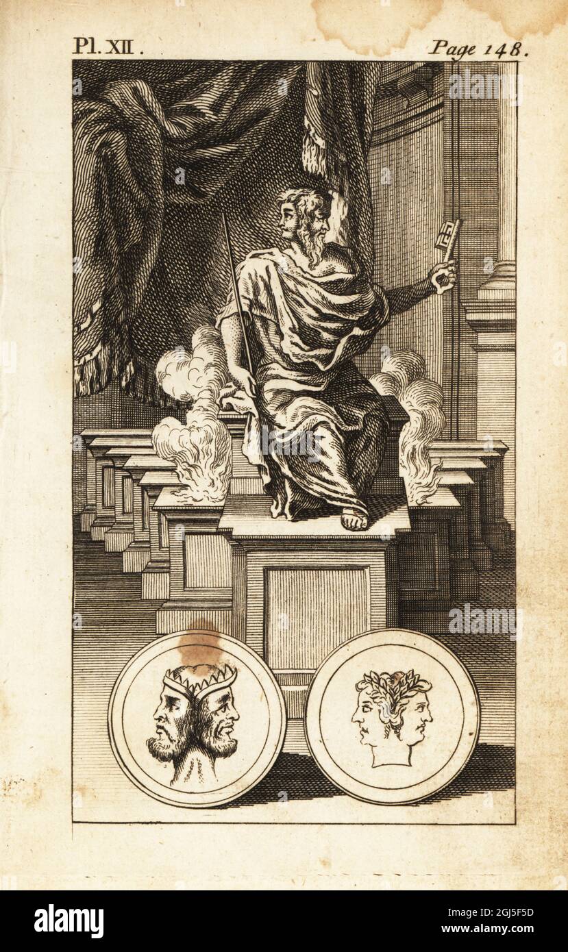 Janus, the two-faced Roman god of beginnings, gates, time and change. He is shown seated on a plinth with key and sceptre in front of an altar. Copperplate engraving from Andrew Tooke’s The Pantheon, Representing the Fabulous Histories of the Heathen Gods, London, 1757. Stock Photo