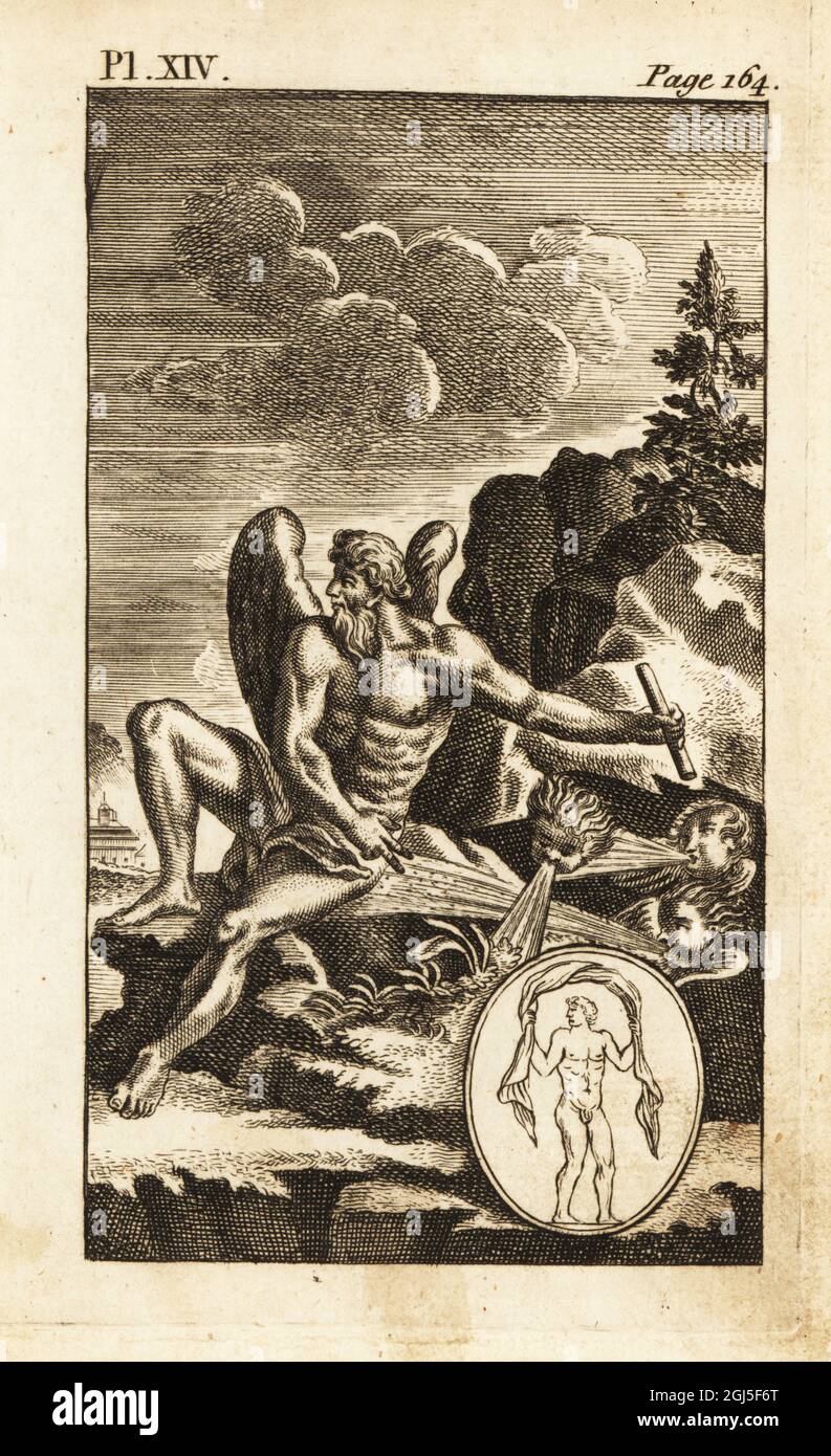 Aeolus or Aiolus, Greek god of the winds. Shown with wings attended by zephyrs. Copperplate engraving from Andrew Tooke’s The Pantheon, Representing the Fabulous Histories of the Heathen Gods, London, 1757. Stock Photo