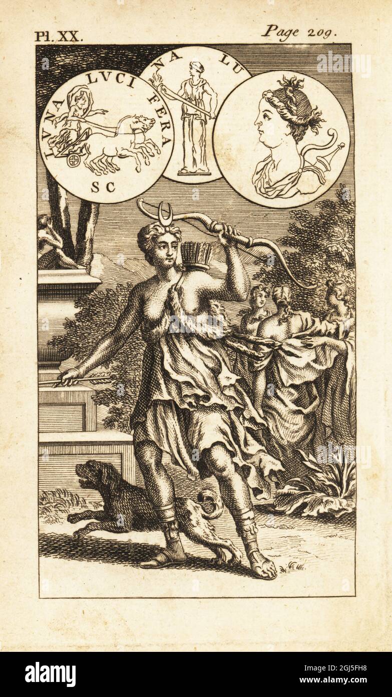 Diana, Roman goddess of the woods and the hunt. Shown with deerskin robe, bow, quiver and arrows. Copperplate engraving from Andrew Tooke’s The Pantheon, Representing the Fabulous Histories of the Heathen Gods, London, 1757. Stock Photo