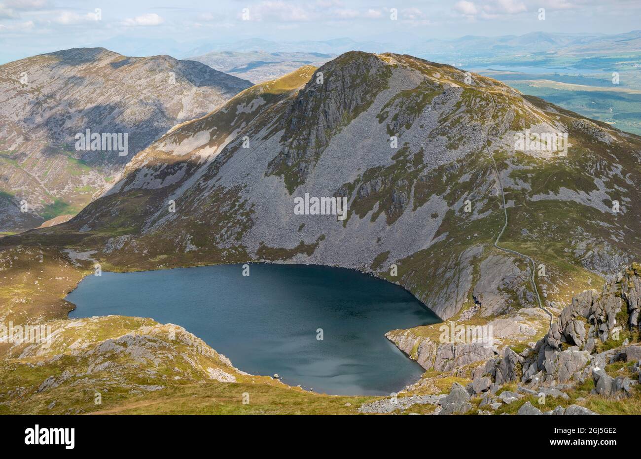 Rhinog Fach and Llyn Hywel with Rhinog Fawr in the background. Stock Photo