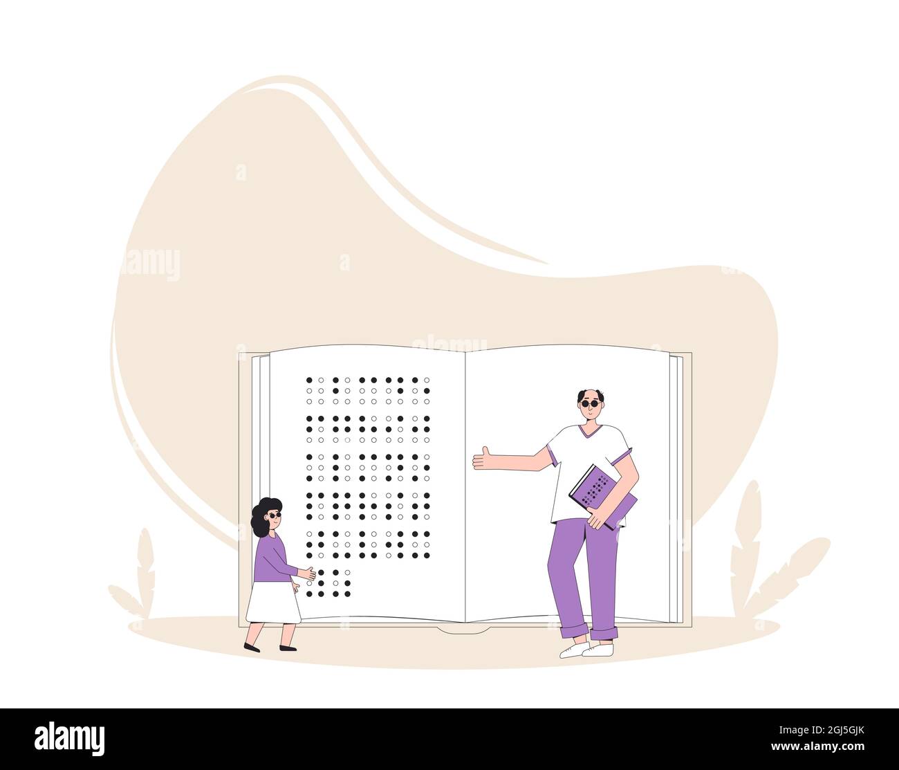 Braille literacy. Blind man and girl with huge book. Vector illustration. Stock Vector