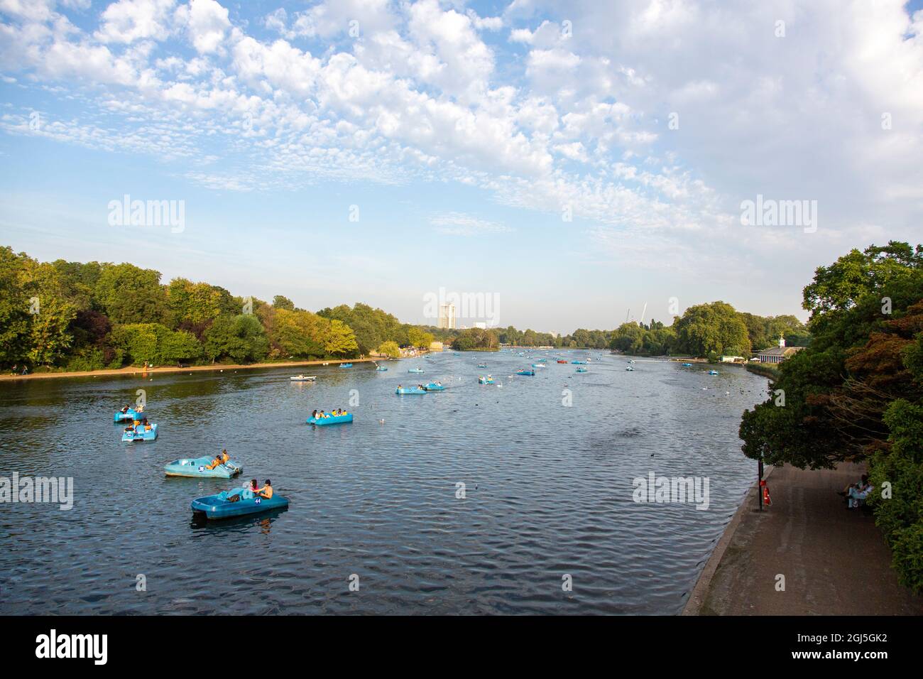 Pleasure boats on the Serpentine lake, Hyde Park, London, UK Stock Photo