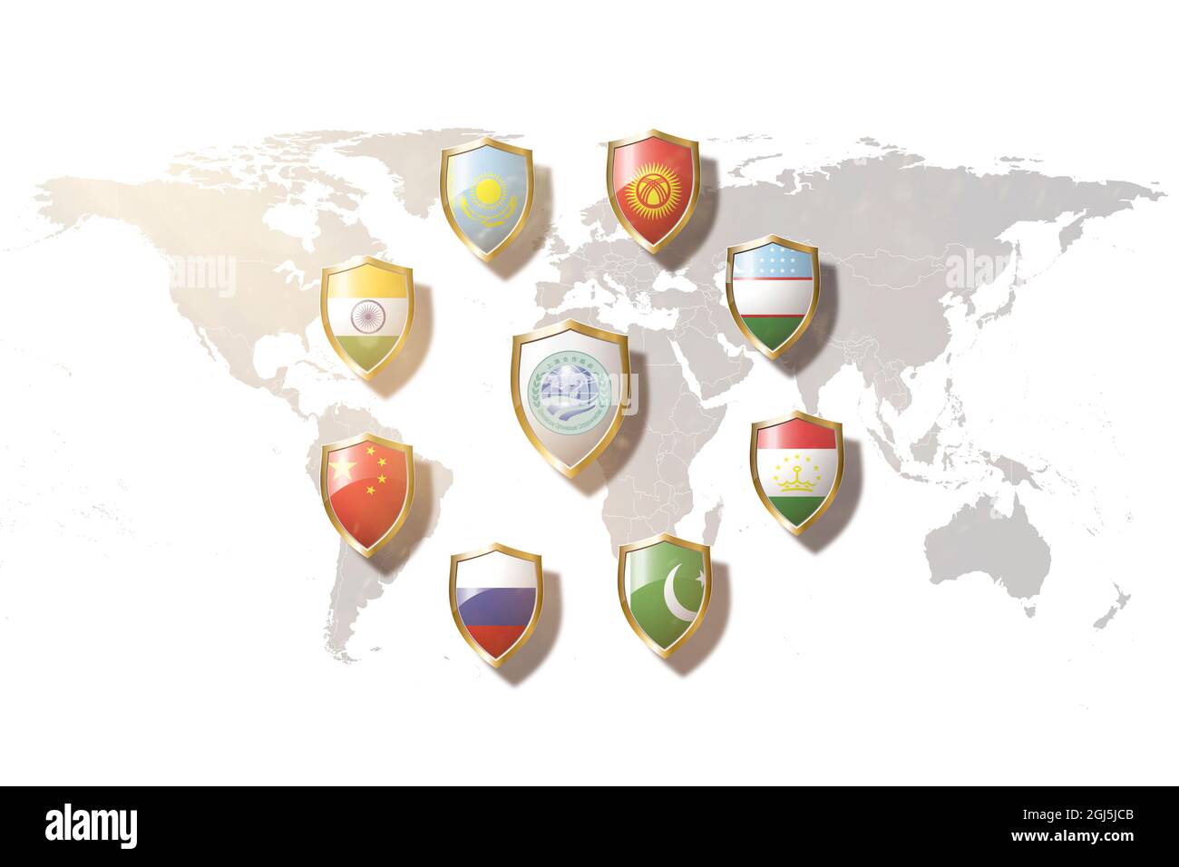 Shanghai Cooperation Organization (SCO) countries flags in golden shield on world map background. Stock Photo