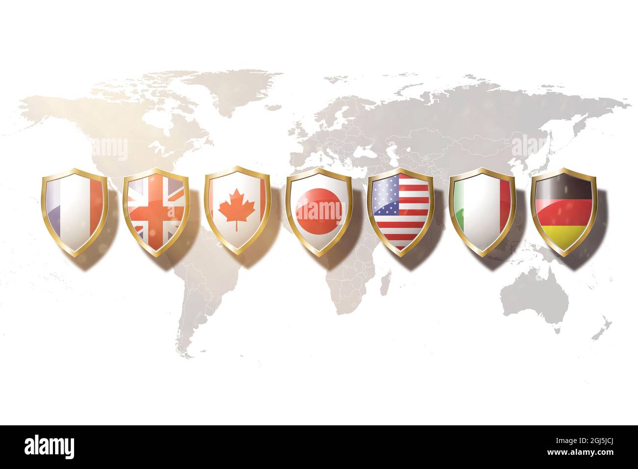 G7 countries flag in golden shield on world map background. Stock Photo