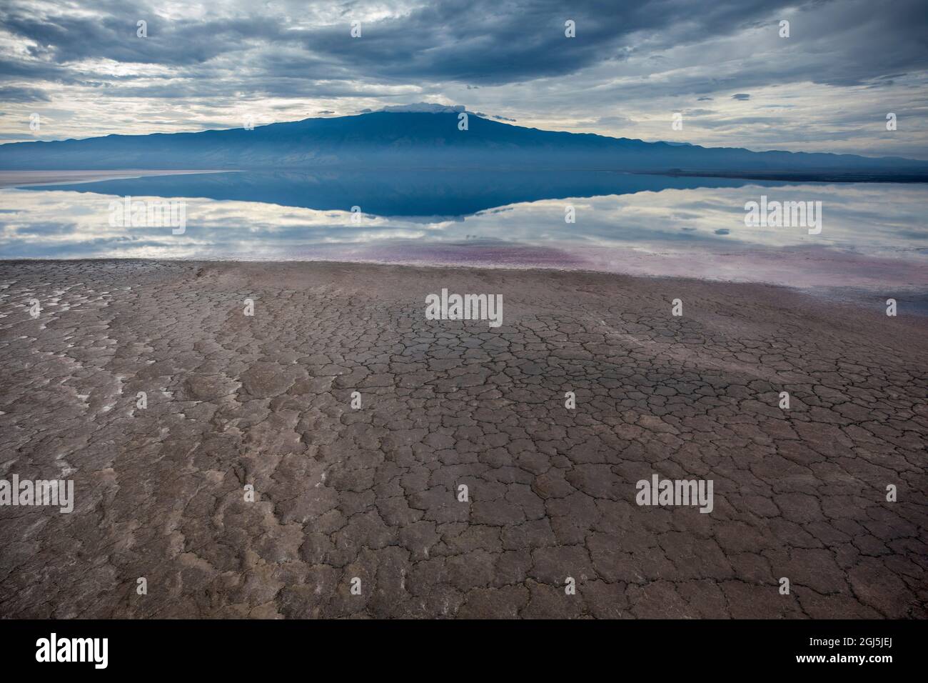 Africa, Tanzania, Aerial view of patterns in caked mud along shallow salt waters of Lake Natron and Rift Valley peaks Stock Photo