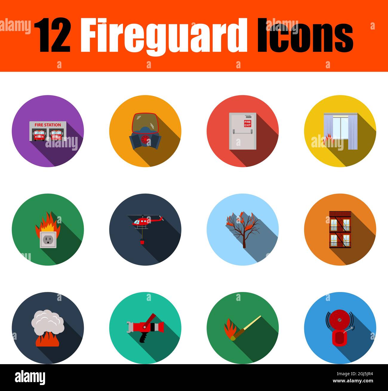 Fireguard Icon Set. Flat Design With Long Shadow. Vector illustration. Stock Vector