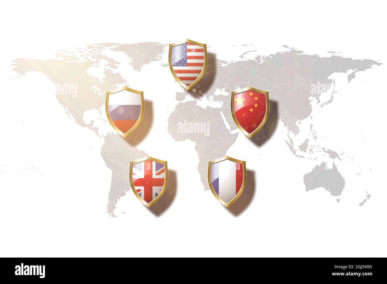 veto power countries flags in golden shield on world map background. Stock Photo