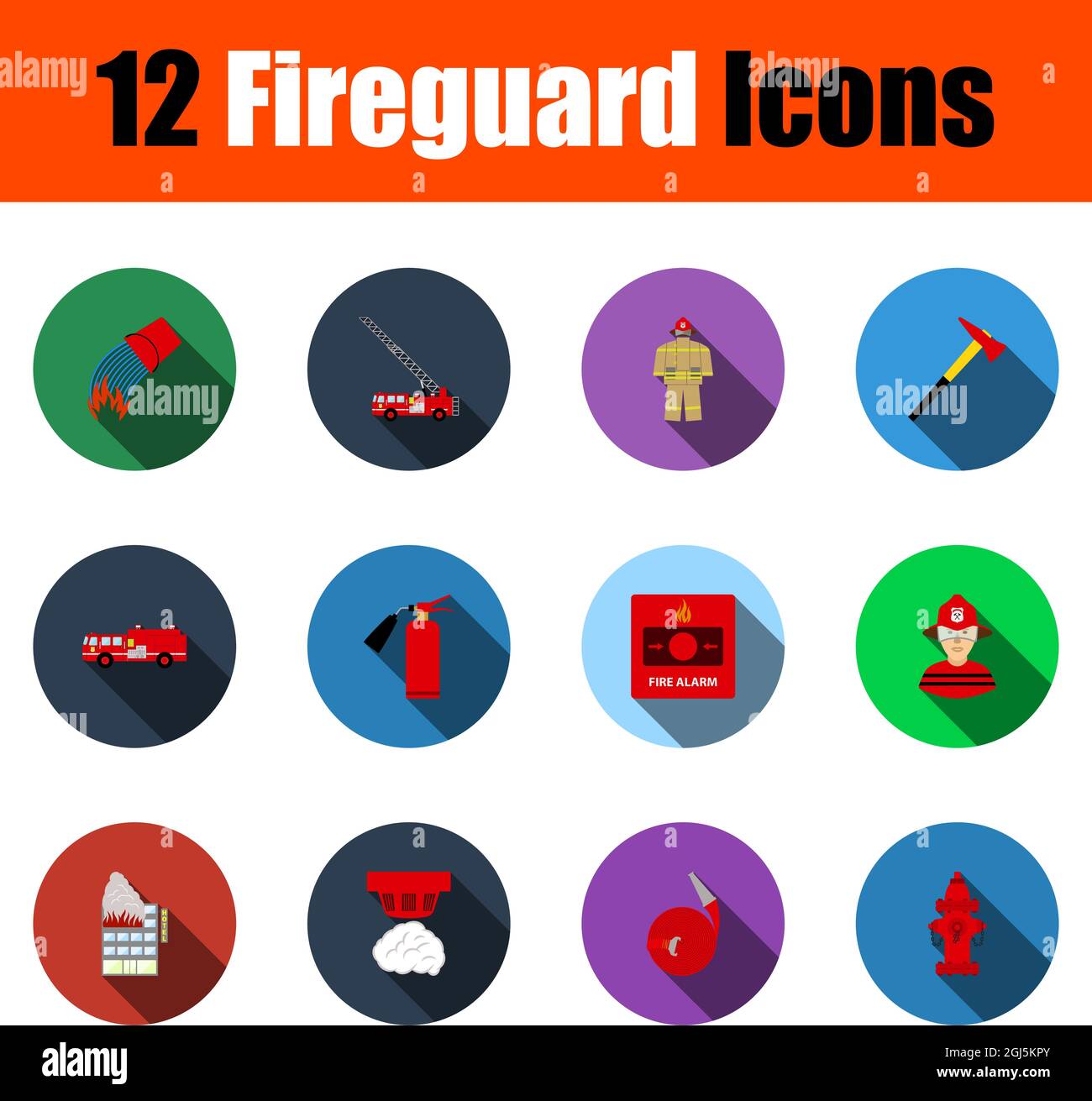 Fireguard Icon Set. Flat Design With Long Shadow. Vector illustration. Stock Vector
