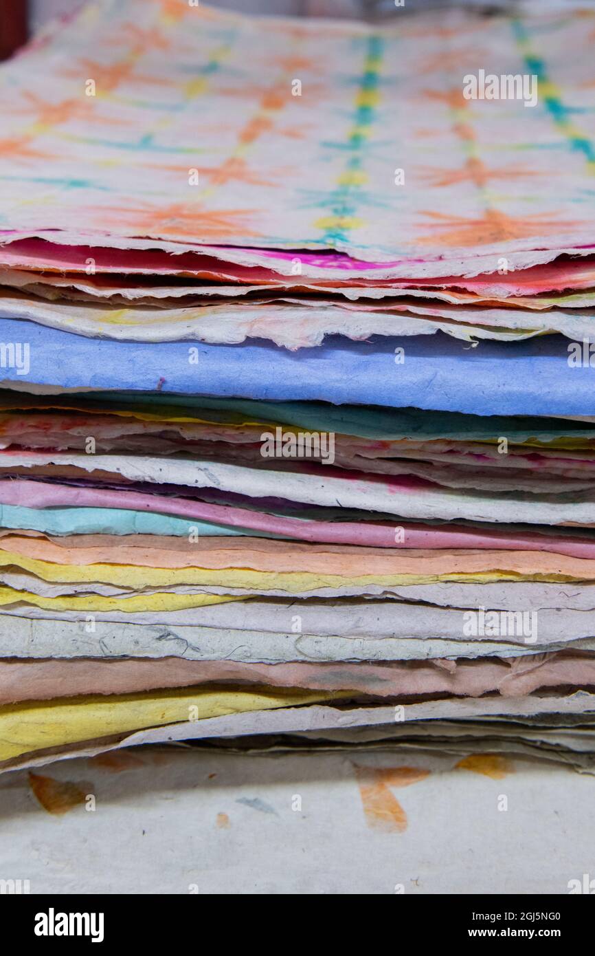 Bhutan, Thimphu. Stacked handmade paper. Stock Photo