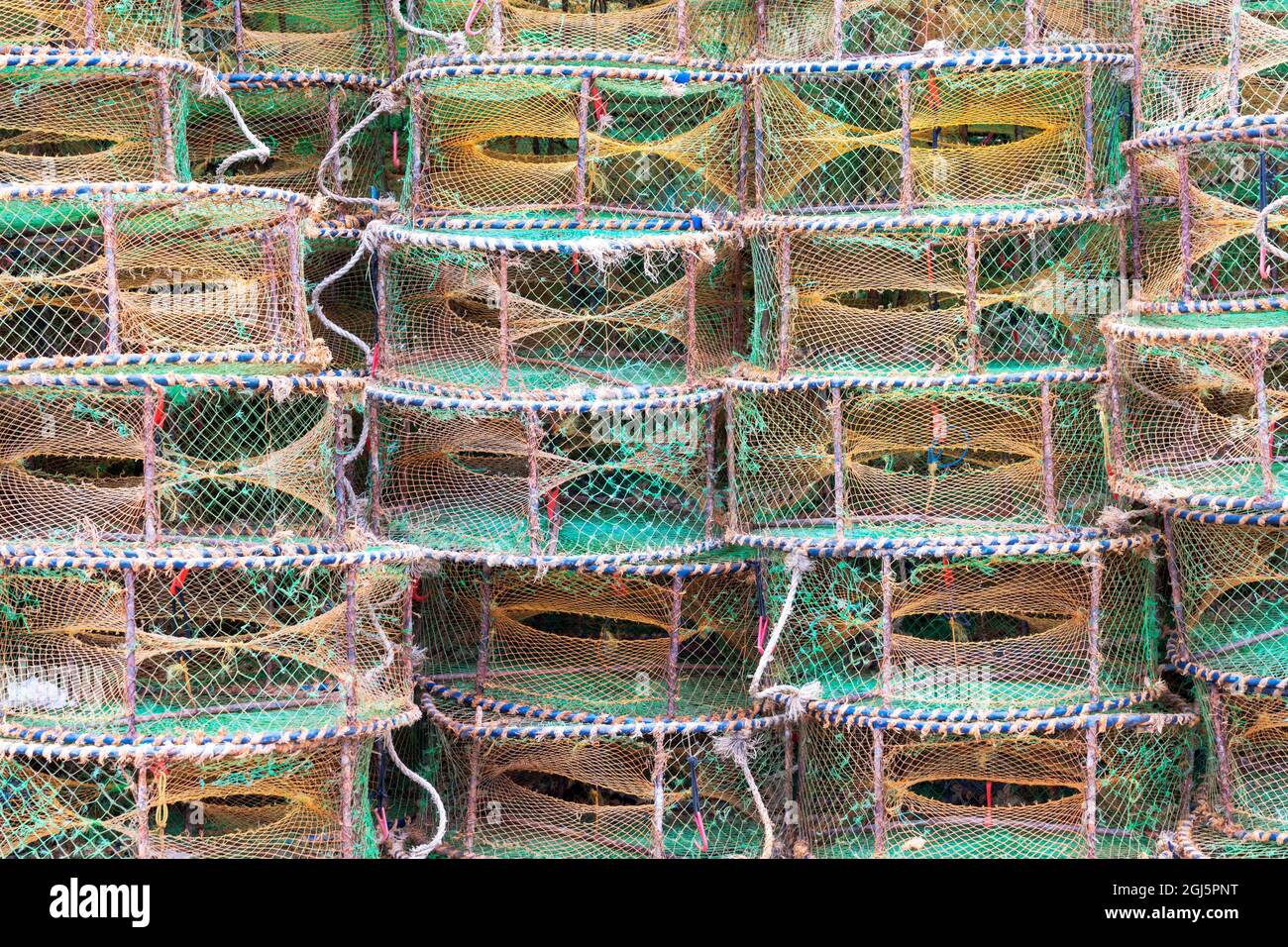 China, Fujian Province, Xiapu, Beidou. Fish traps are stacked near the town of Beidou. Stock Photo