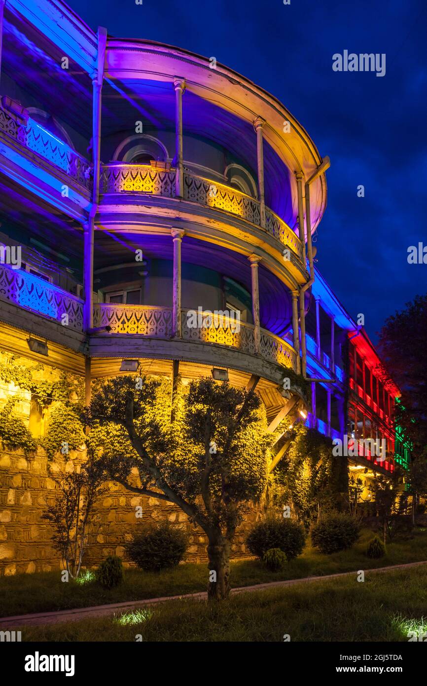 Georgia, Tbilisi. Lighted sections of old city wall. Stock Photo
