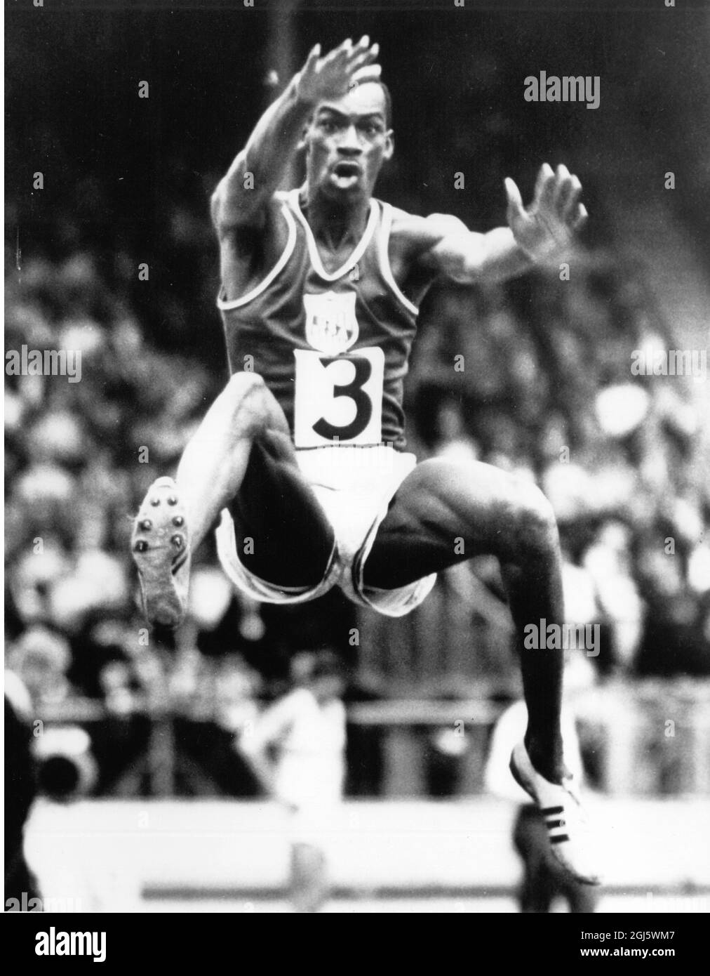 Bob Beamon in action during men's long jump Britain vs US Athletic