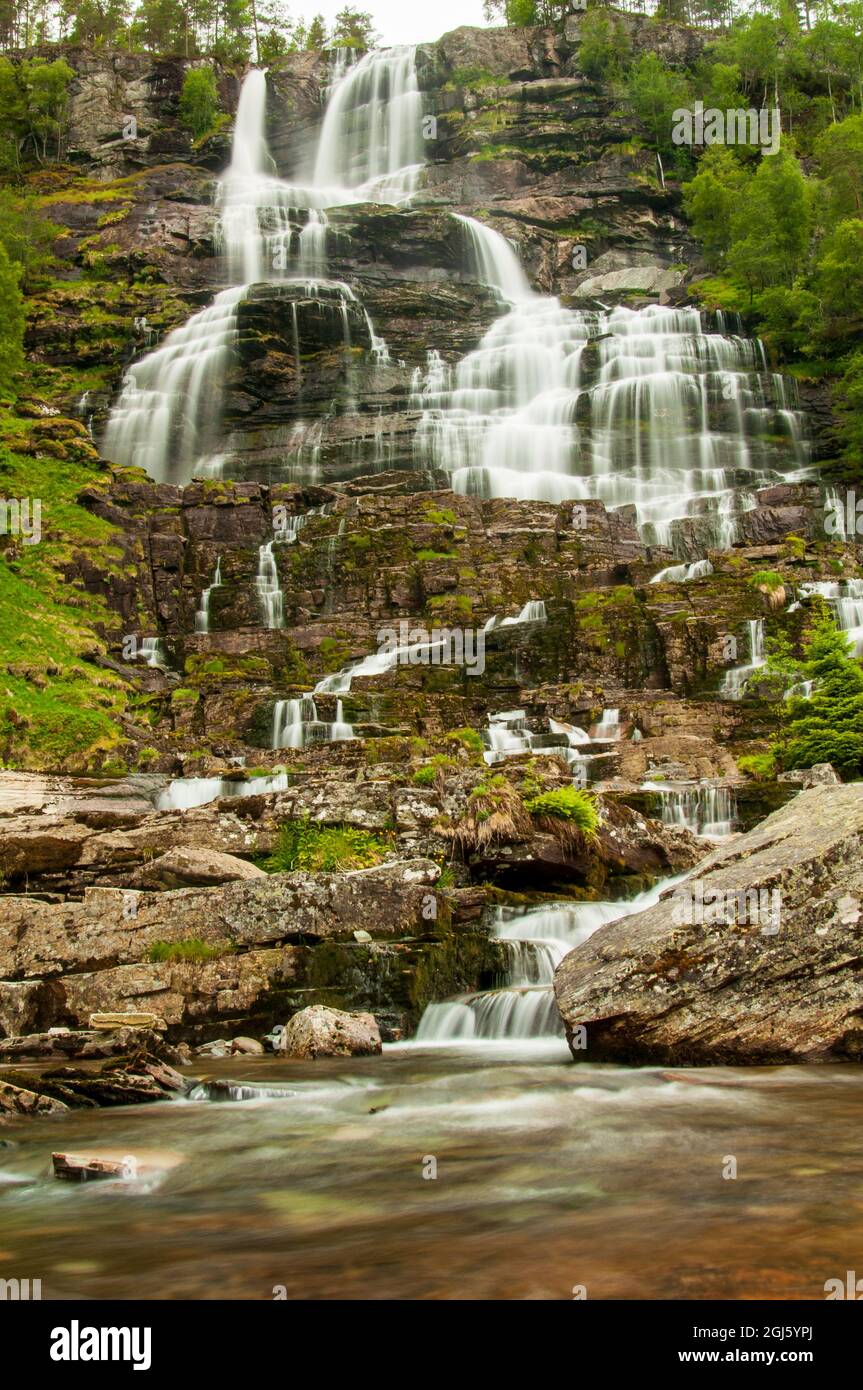 Beautiful view of Tvinnefossen in Norway. Waterfall tourist attraction. Stock Photo