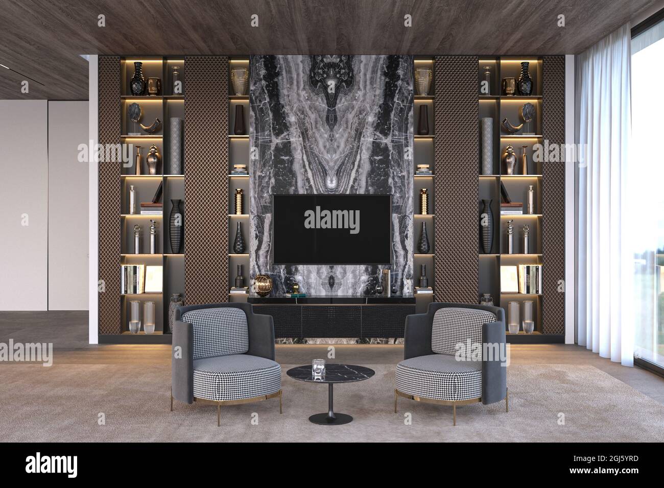 Elegant and luxury modern interior. Open living room with marble tv ...