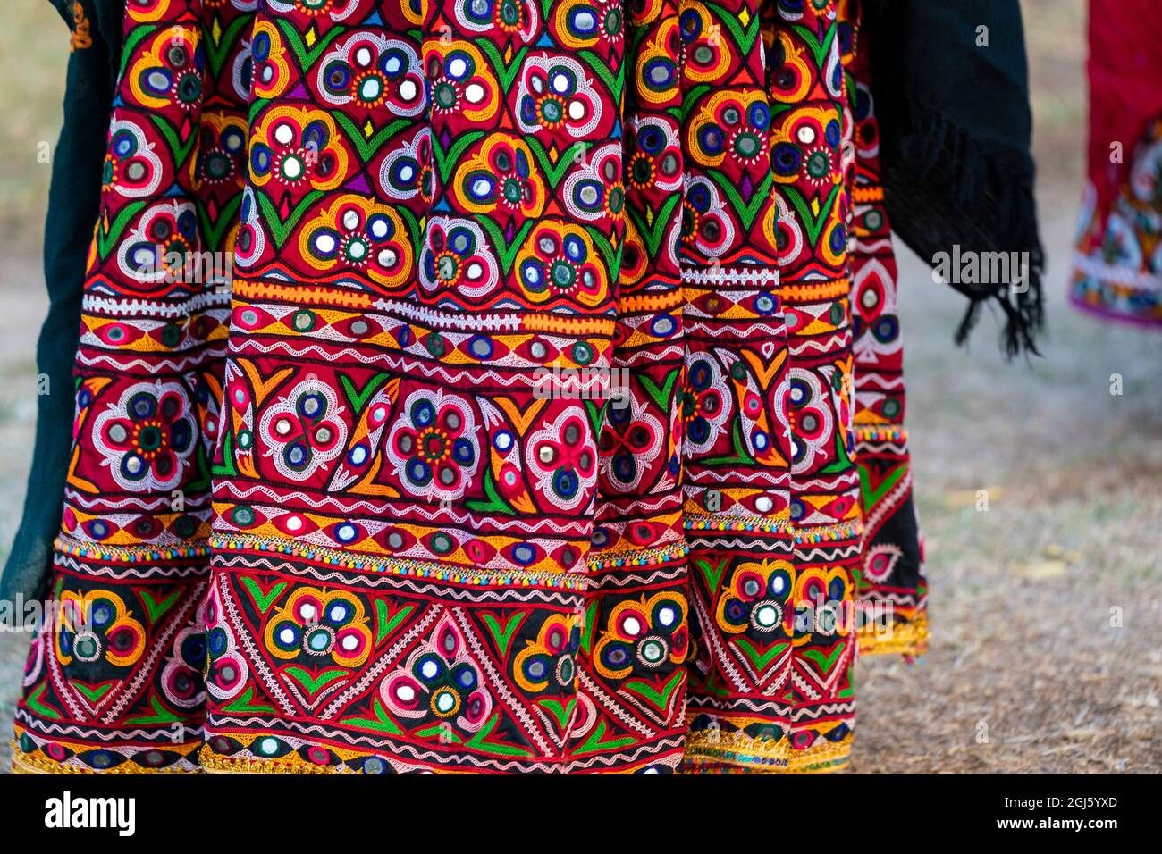 India, Gujarat, Bhuj, Great Rann of Kutch, Ahir Tribe. An example of the colorful intricate embroidery done by the Ahir Tribe. Stock Photo