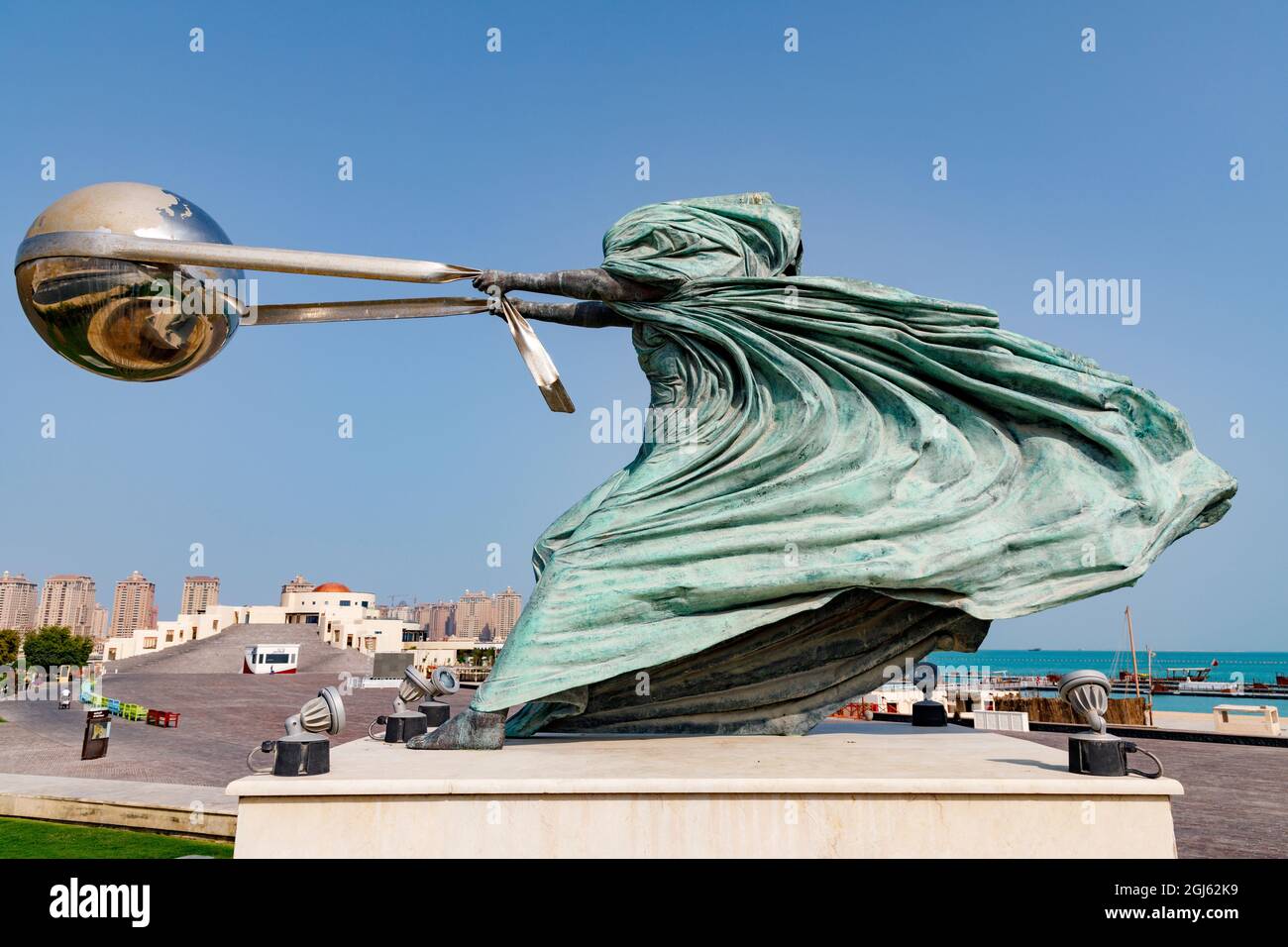 State of Qatar, Doha. Sculpture called 'Force of Nature' by Italian sculptor Lorenzo Quinn. (Editorial Use Only) Stock Photo
