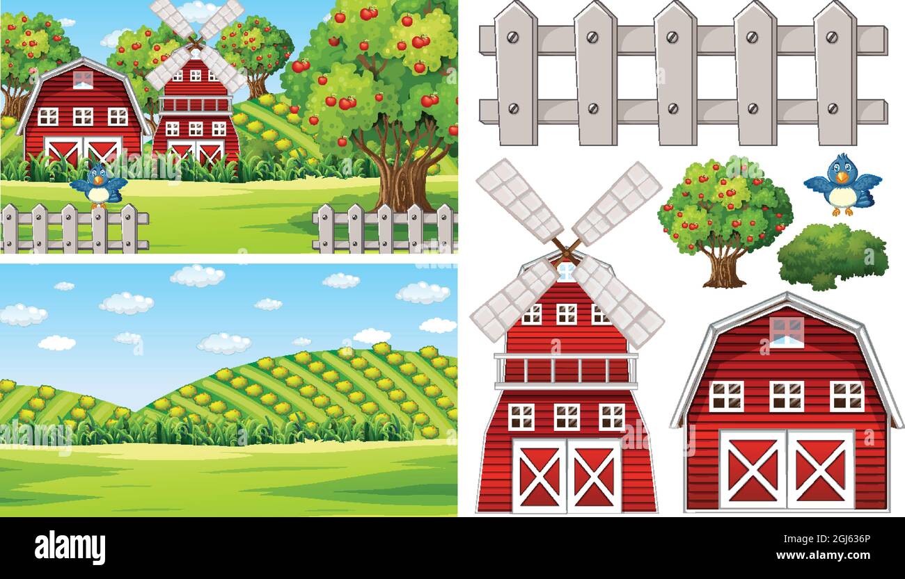 Farm element set isolated with farm scence illustration Stock Vector ...