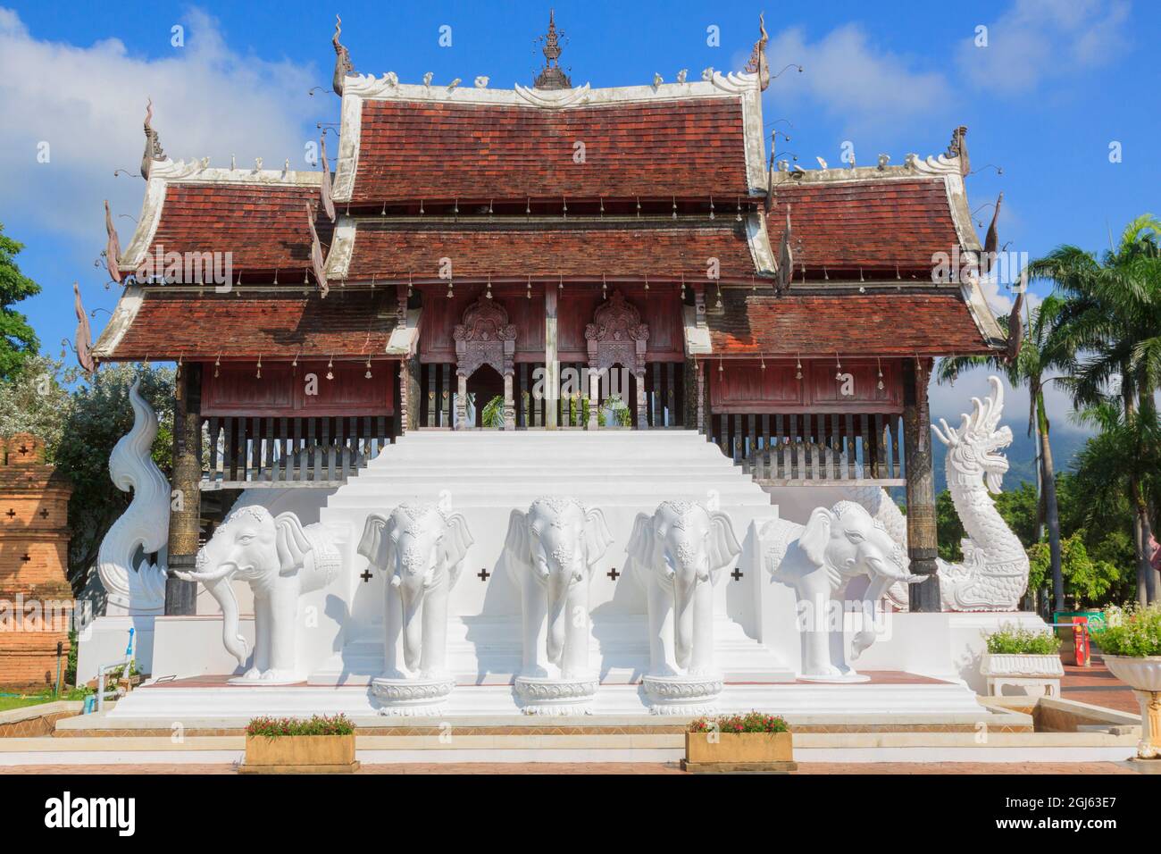 Thailand. Royal Park Ratchaphruek. Temple with white elephants and ...