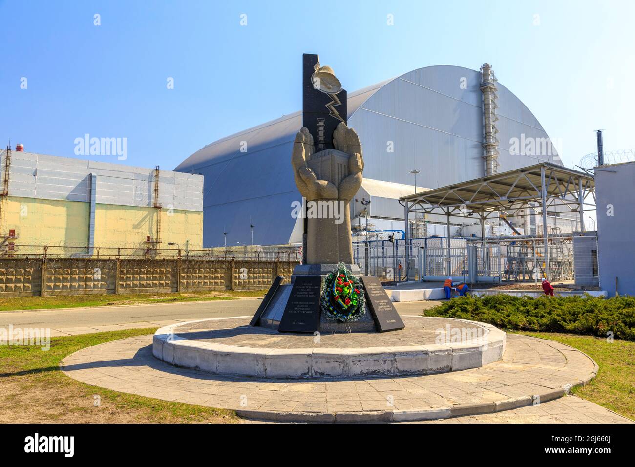 Ukraine, Pripyat, Chernobyl. Memorial monument stands in front of ...