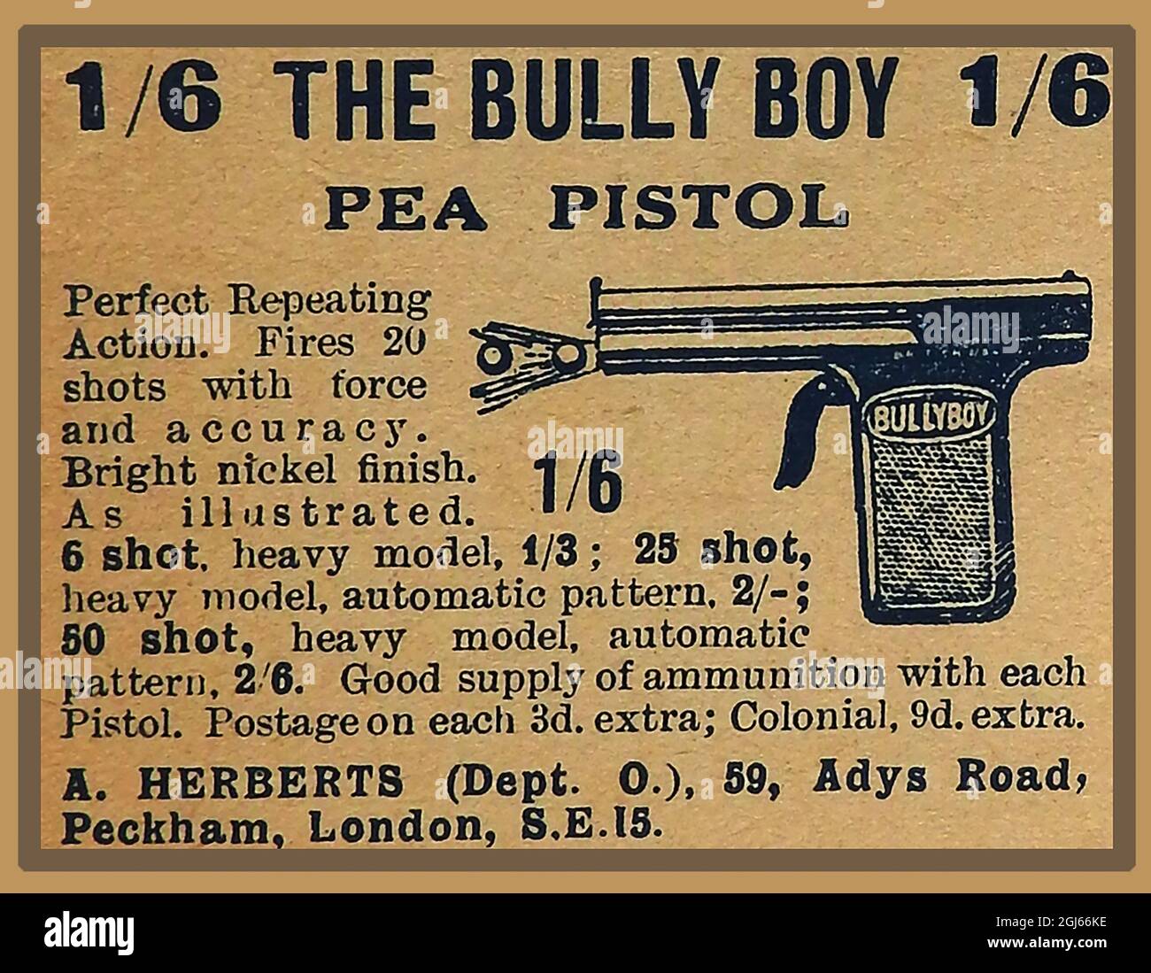 BOYS TOY,  'BULLY BOY' PEA-SHOOTER PISTOL  1/6 (one shilling and sixpence)  - A 1920's advertisement from a copy of the English publication ' Buffalo Bill's Library'   (Aldine Publishing Co, Ltd. ) that issued a number of novelettes at a cost of  2d (two pence) known as dime novels, Though originating in America,  in Britain  they were known as boys' weeklies or  story papers and  were particularly   popular before  the Second World .War. Stock Photo