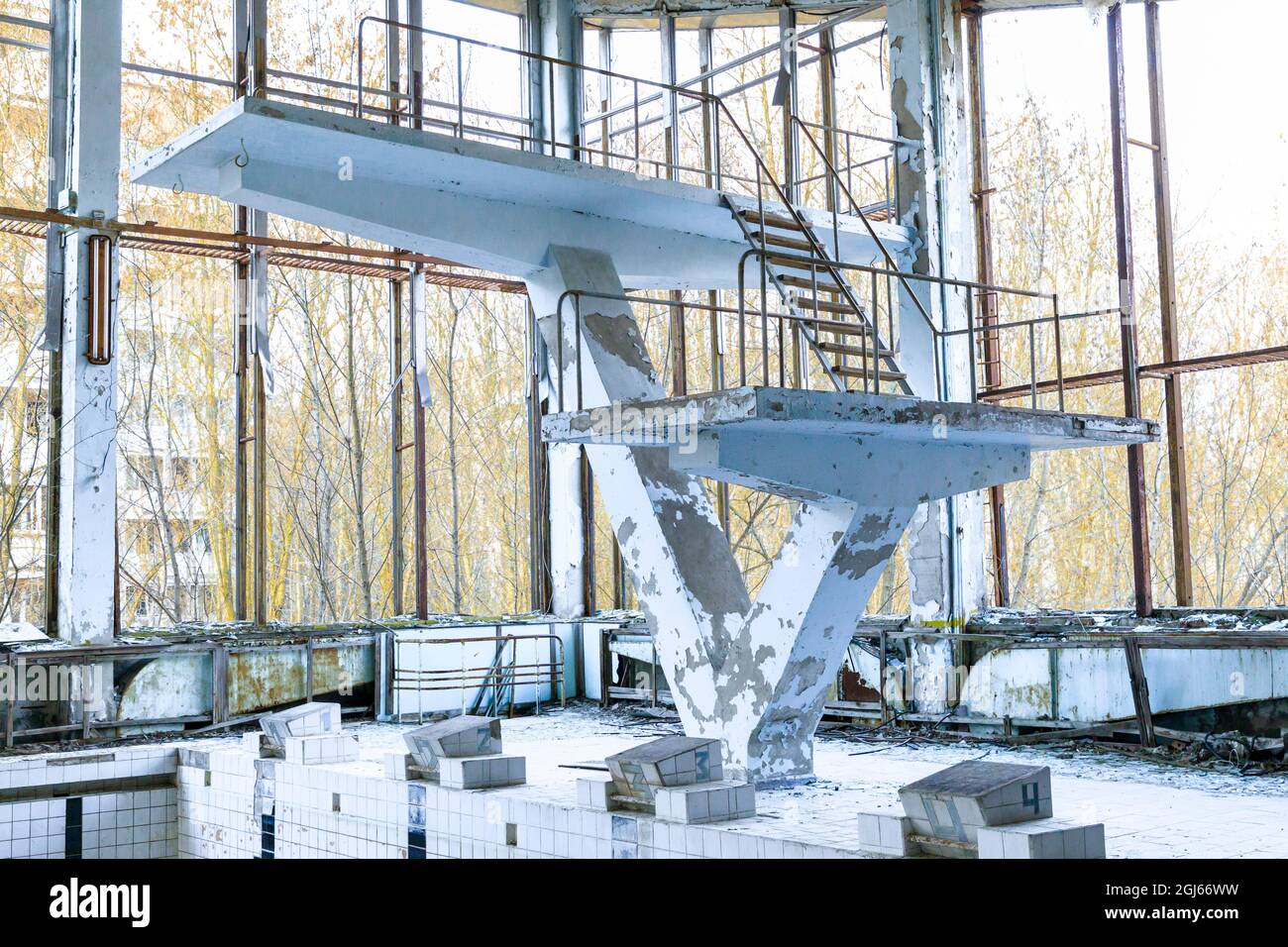 Ukraine, Pripyat, Chernobyl. Swimming pool and diving board Stock Photo