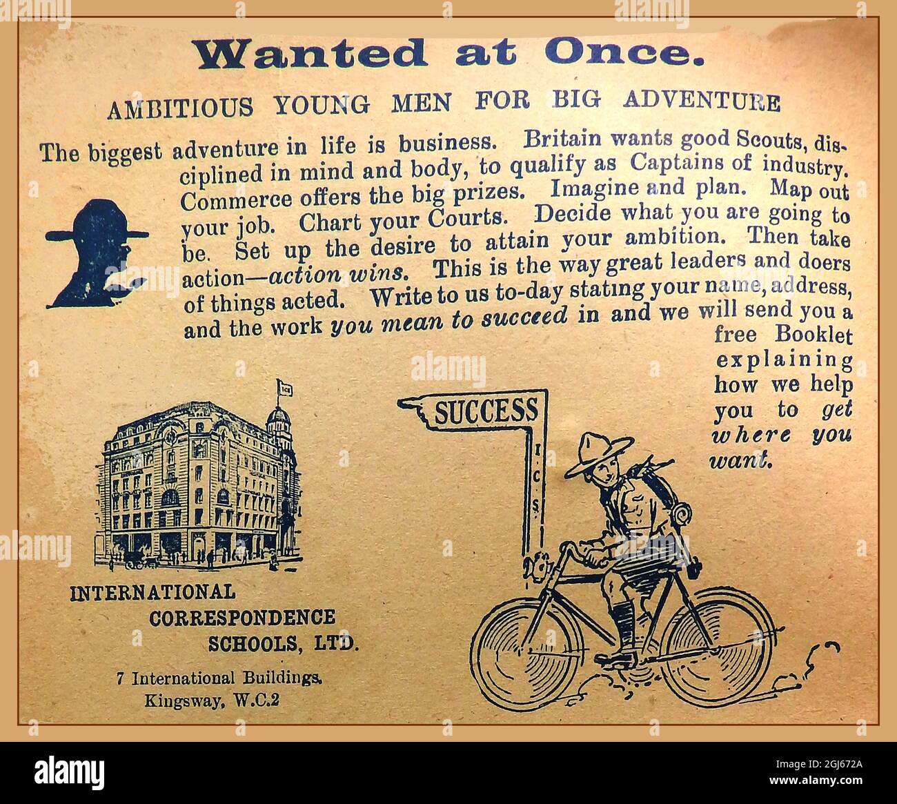 INTERNATIONAL CORRESPONDENCE SCHOOL - A 1920's advertisement aimed at boy scouts,  from a copy of the English publication ' Buffalo Bill's Library'   (Aldine Publishing Co, Ltd. ) that issued a number of novelettes at a cost of  2d (two pence) known as dime novels, Though originating in America,  in Britain  they were known as boys' weeklies or  story papers and  were particularly   popular before  the Second World .War. Stock Photo