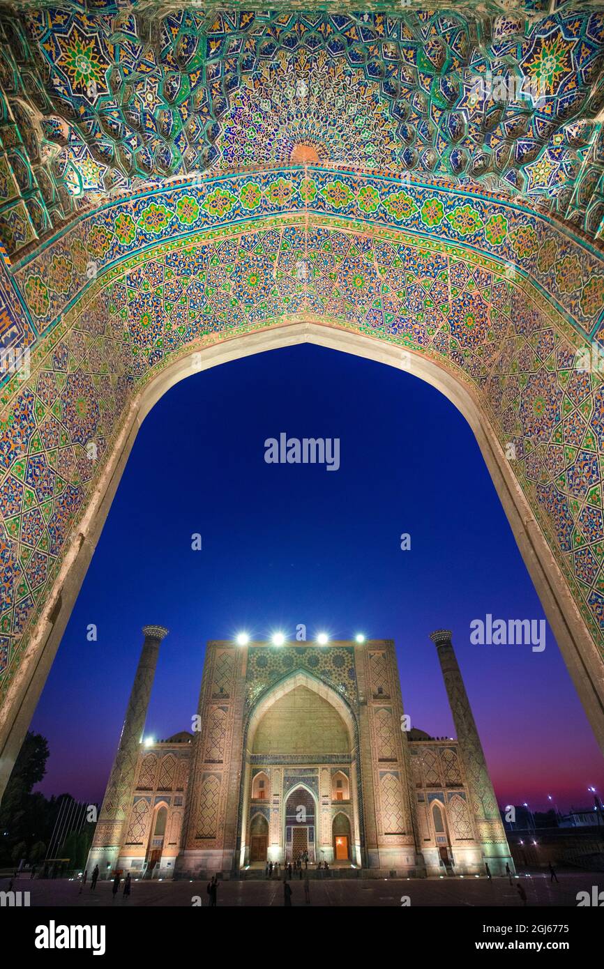 Central Asia, Uzbekistan, Samarkand. Mosque complex at twilight. Stock Photo